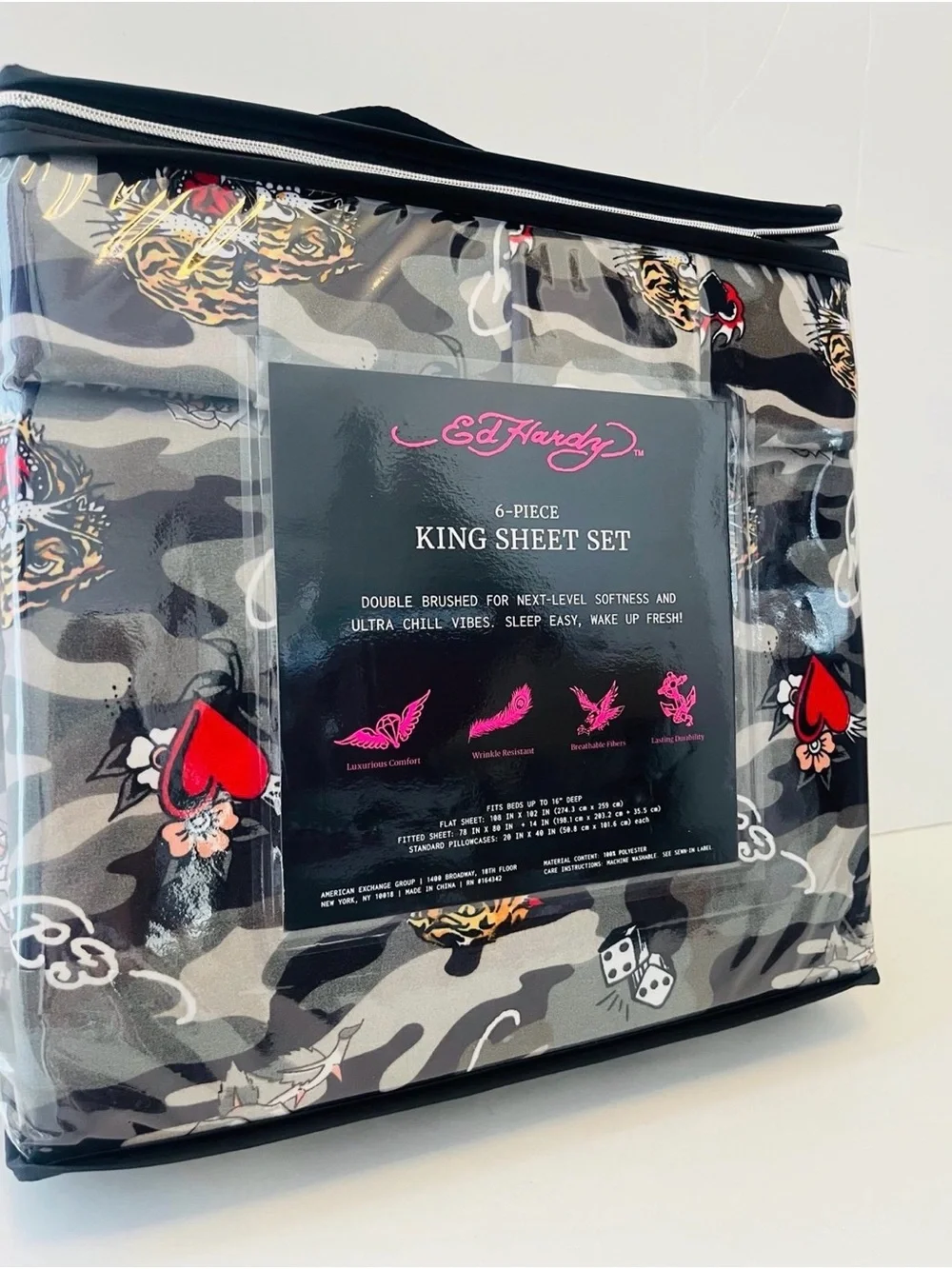 Ed Hardy Black Camo 6 Piece King Size Sheet Set Tigers Dice Hearts Roses